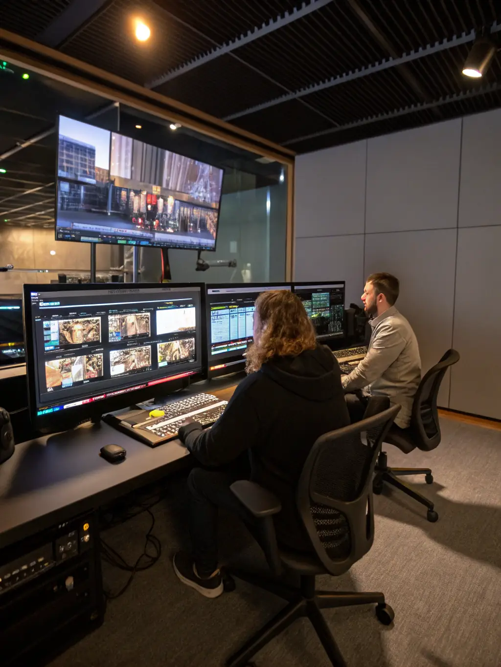 Post-production editing suite with editors working on video footage, showcasing the meticulous process of refining and finalizing adult video content.