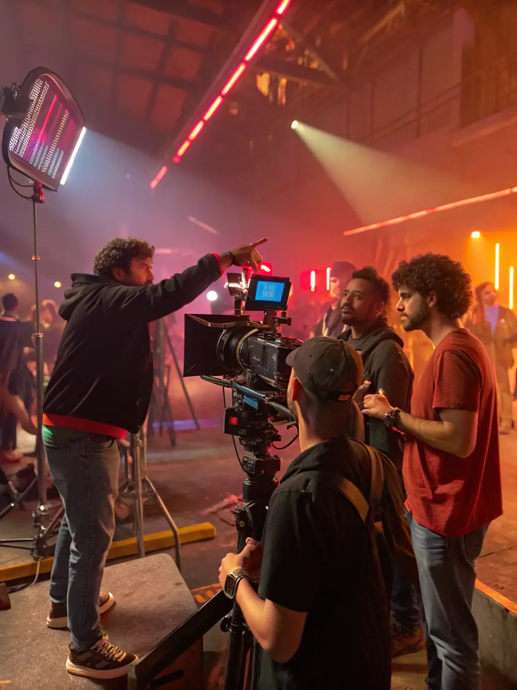 A director giving instructions to performers on set, highlighting the collaborative and professional atmosphere during the filming of an adult scene.